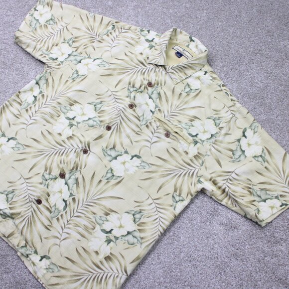Tommy Bahama Camp Shirt Men Medium Beige Floral Loop Collar Orange 100% Silk S/S - Picture 3 of 13
